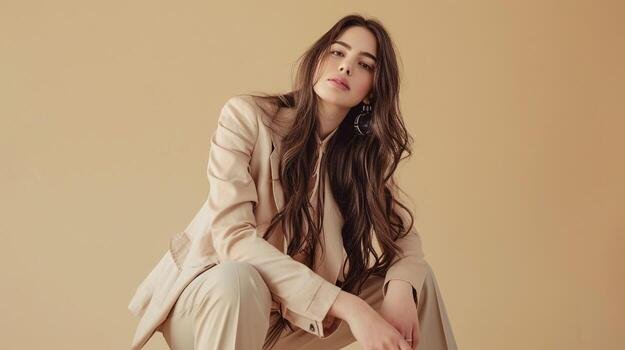 young woman model sitting pose wearing beige suit free photo